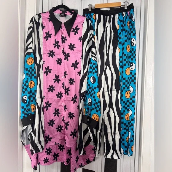 Dressed in lala Colorful satin set Button-Up Shirt and Pants Set L - Picture 3 of 4